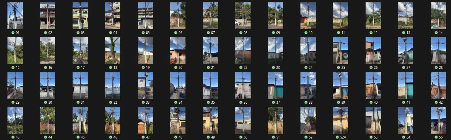 Fotos dos postes levantados em campo, numerados e com coordenada