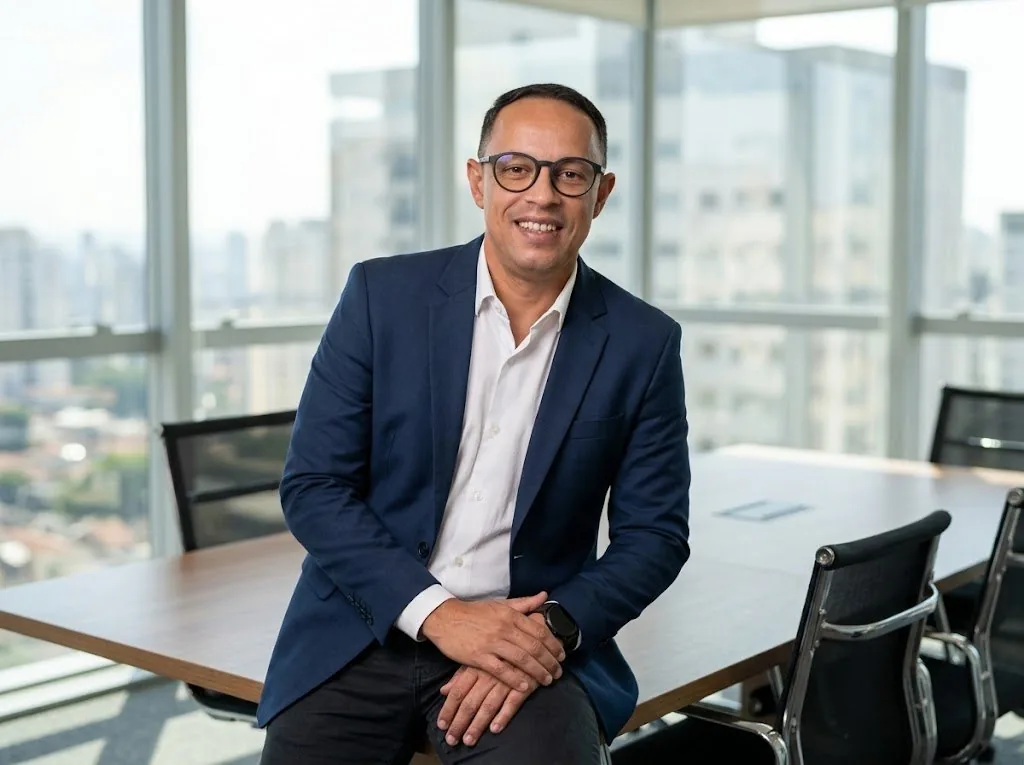 Eleomar Azevedo, consultor e projetista de redes FTTH, sentado de blazer