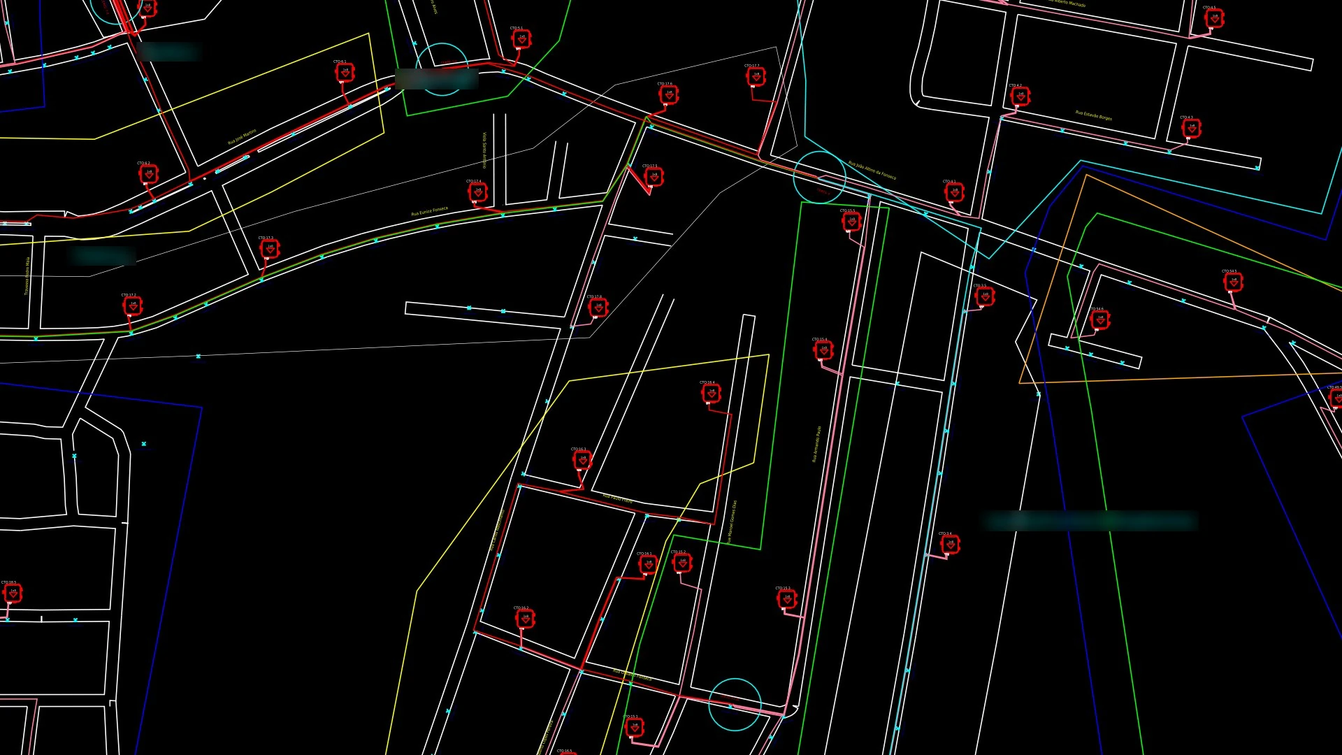Mapa com cada CTO e cada caixa de emenda identificada
